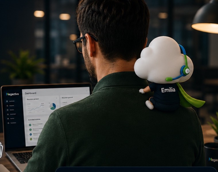 Persona trabajando con Megactivo mientras la mascota Emilia la acompaña